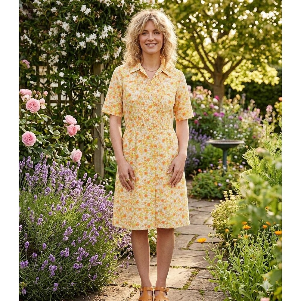 Vintage 70s Land N Sea Floral Shirtwaist Dress Womens M Cottagecore Midi
